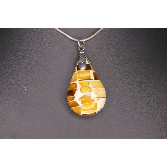 Mosaic Amber Pendant With Embedded Insects Sterling Silver On Sterling Chain - Picture 5 of 13